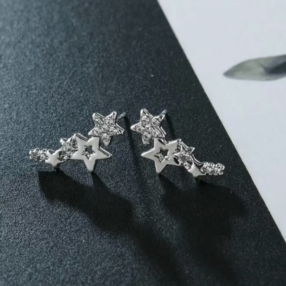 Cosmic Star Stud Earrings Silver Rhinestone Crystal Hollow Cutout Constellation - Picture 2 of 4